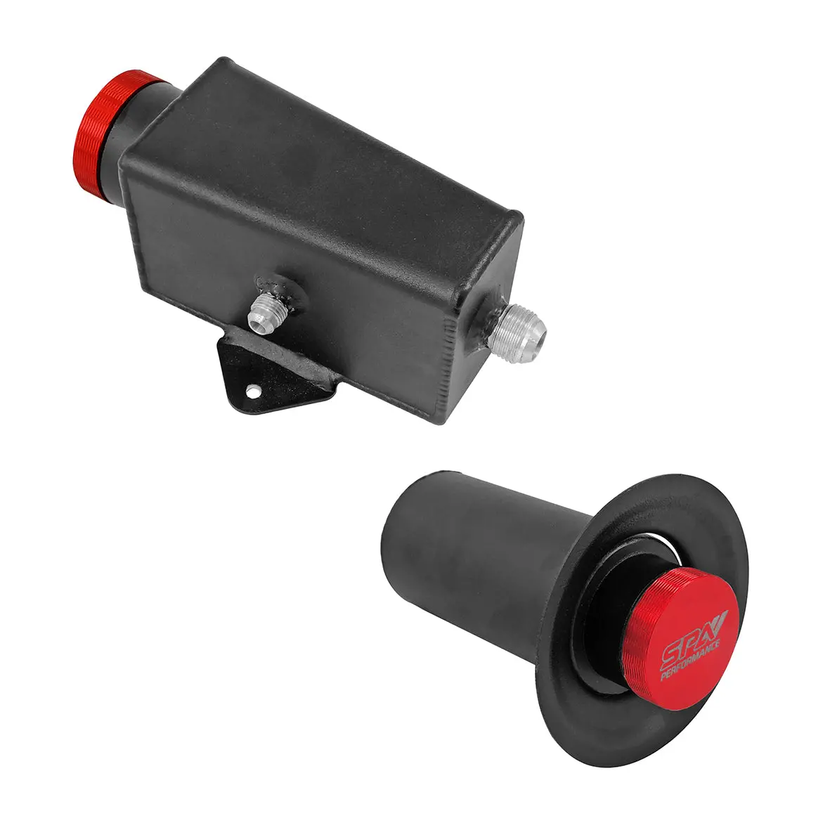 Power Steering Tank Firewall Mount (Right Inlet) + Remote Fill Tank - Red Cap 1