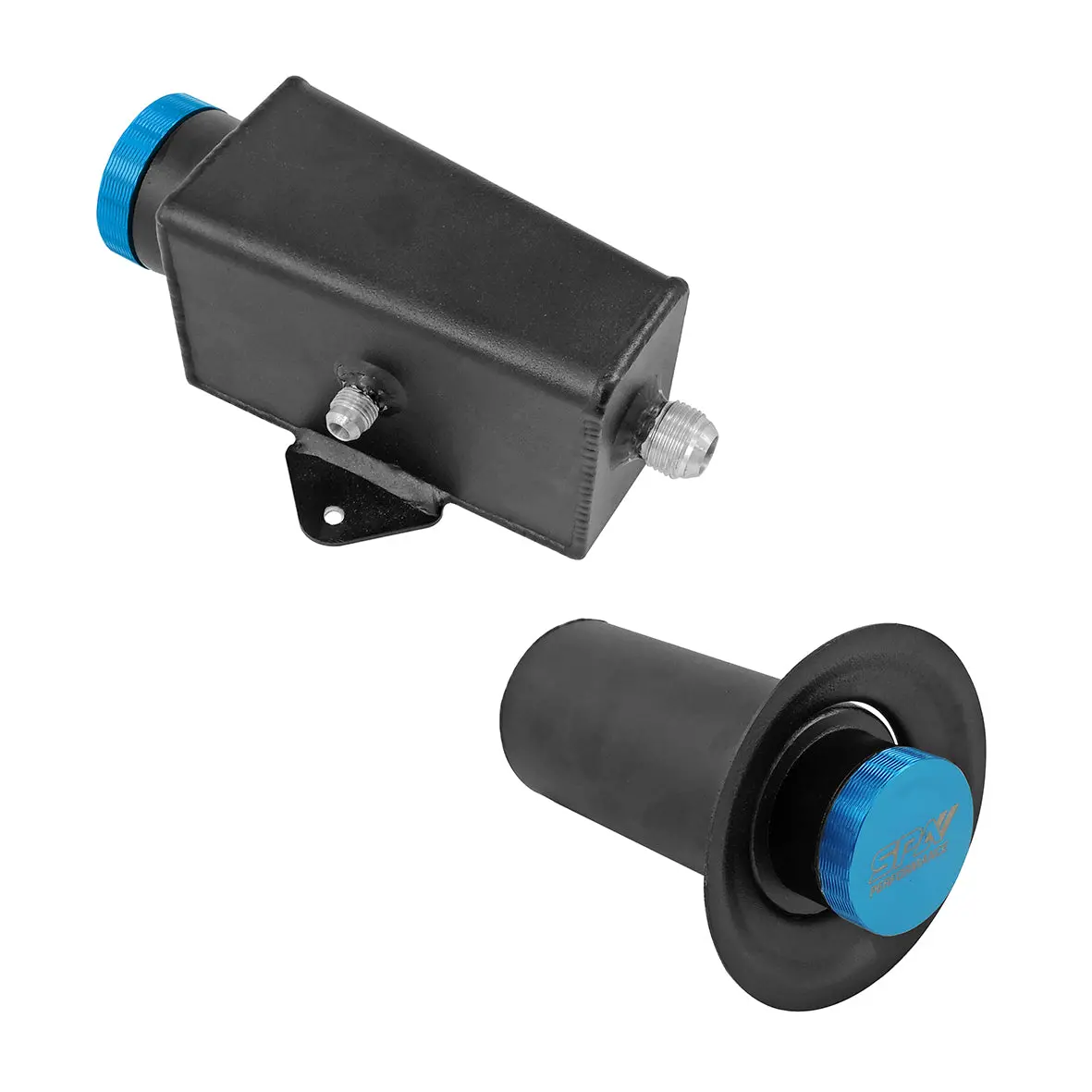 Power Steering Tank Firewall Mount (Right Inlet) + Remote Fill Tank - Blue Cap 1