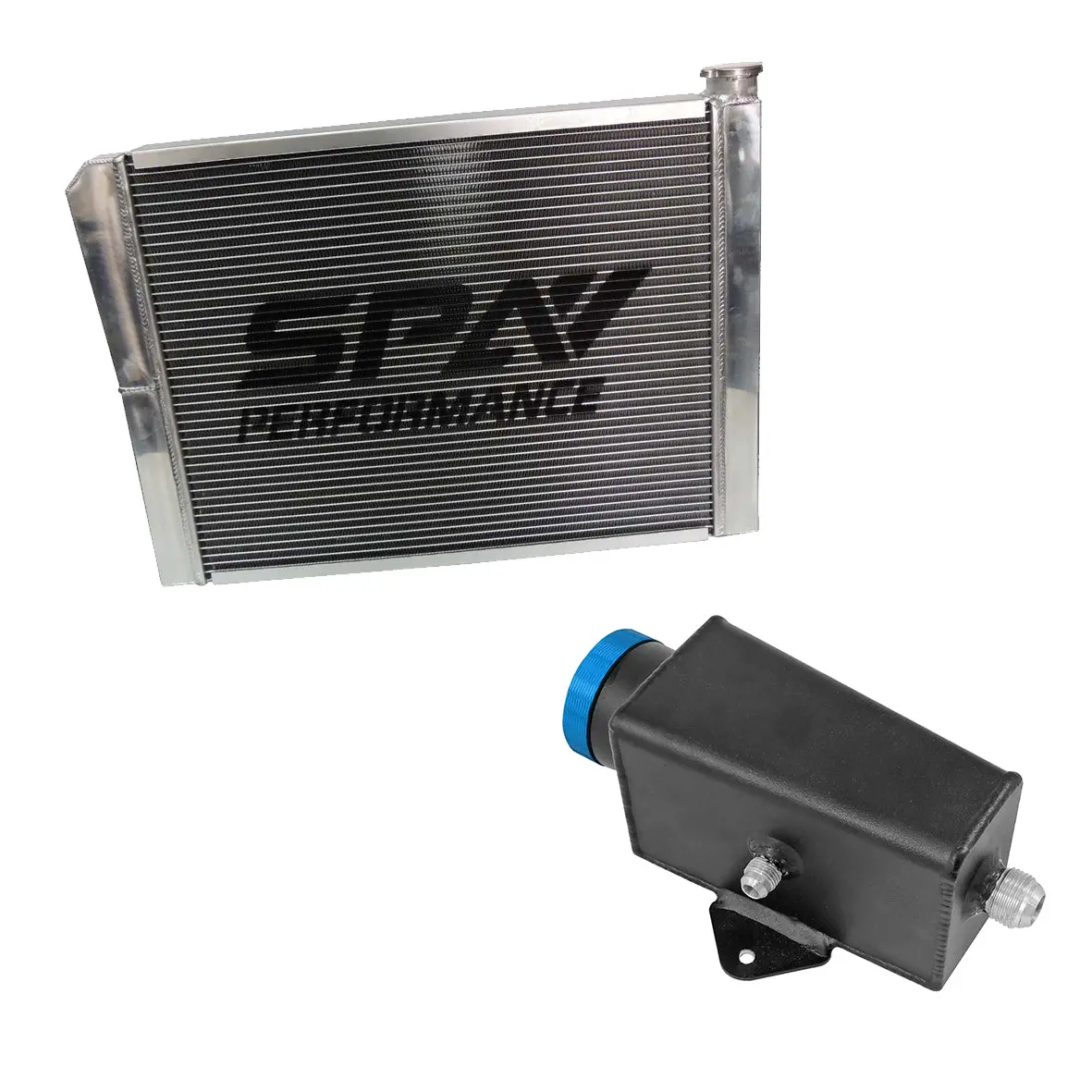 Lightweight Late Model Radiator - Double Pass - 26.8" X 19.6" + Power Steering Tank Firewall Mount (Right Inlet) - Blue Cap 1