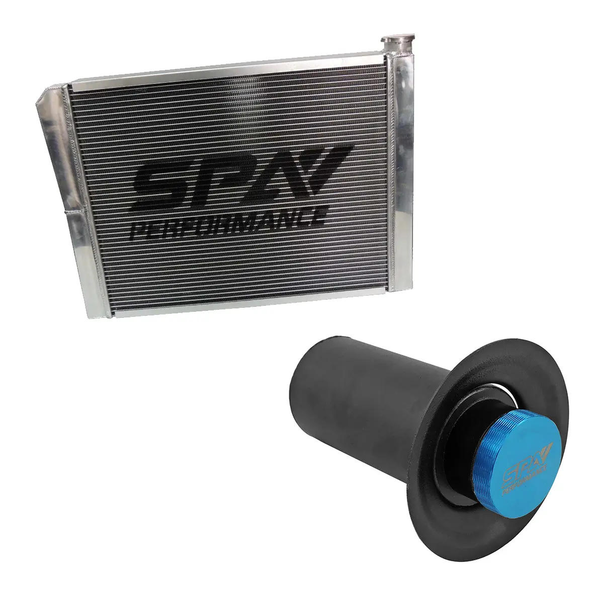 Lightweight Late Model Radiator - Double Pass - 26.8" X 19.6" + Remote Fill Tank - Blue Cap 1