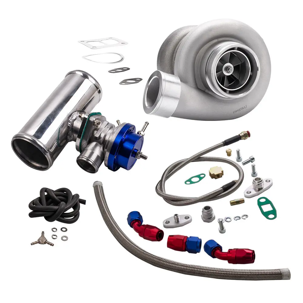 4Pcs Universal Gt45 Turbocharger Kit + Oil Feed And Return Line + Bov Adapter 1