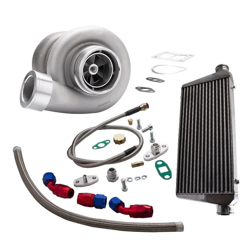Turbocharger Gt45 T4 V-Band A/R .66 1.05 + 600X300x76 Intercooler + Oil Line Kit 1