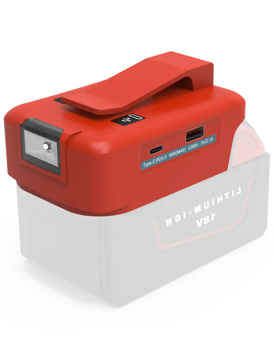 Retrue Milwaukee 18V Battery USB Power Adapter – Portable Converter with USB-A, USB-C PD (18W), LED Light (300 lm)