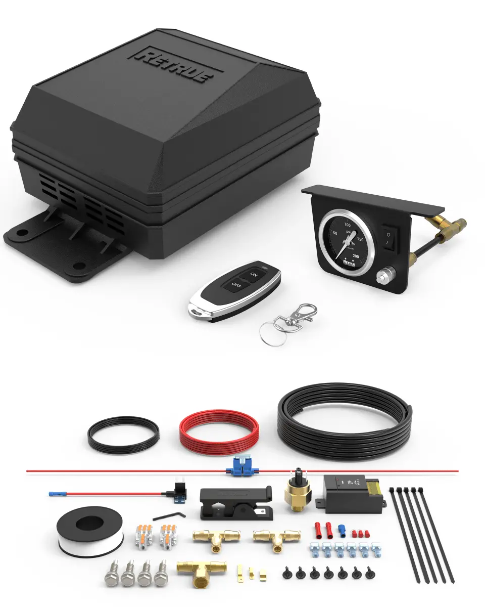 Retrue Onboard Air Management System – Wireless + In-Cab Dual Control Air Compressor Kit, Auto Low-Pressure Sensor, 100 PSI Output