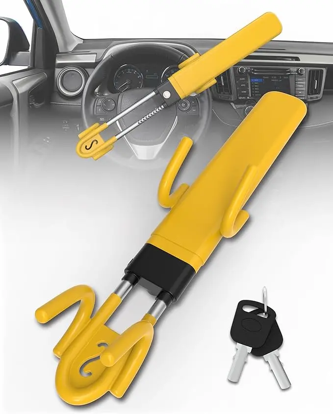 Retrue High-Visibility Steering Wheel Lock – Universal Vehicle Security Device with Bright Yellow Frame