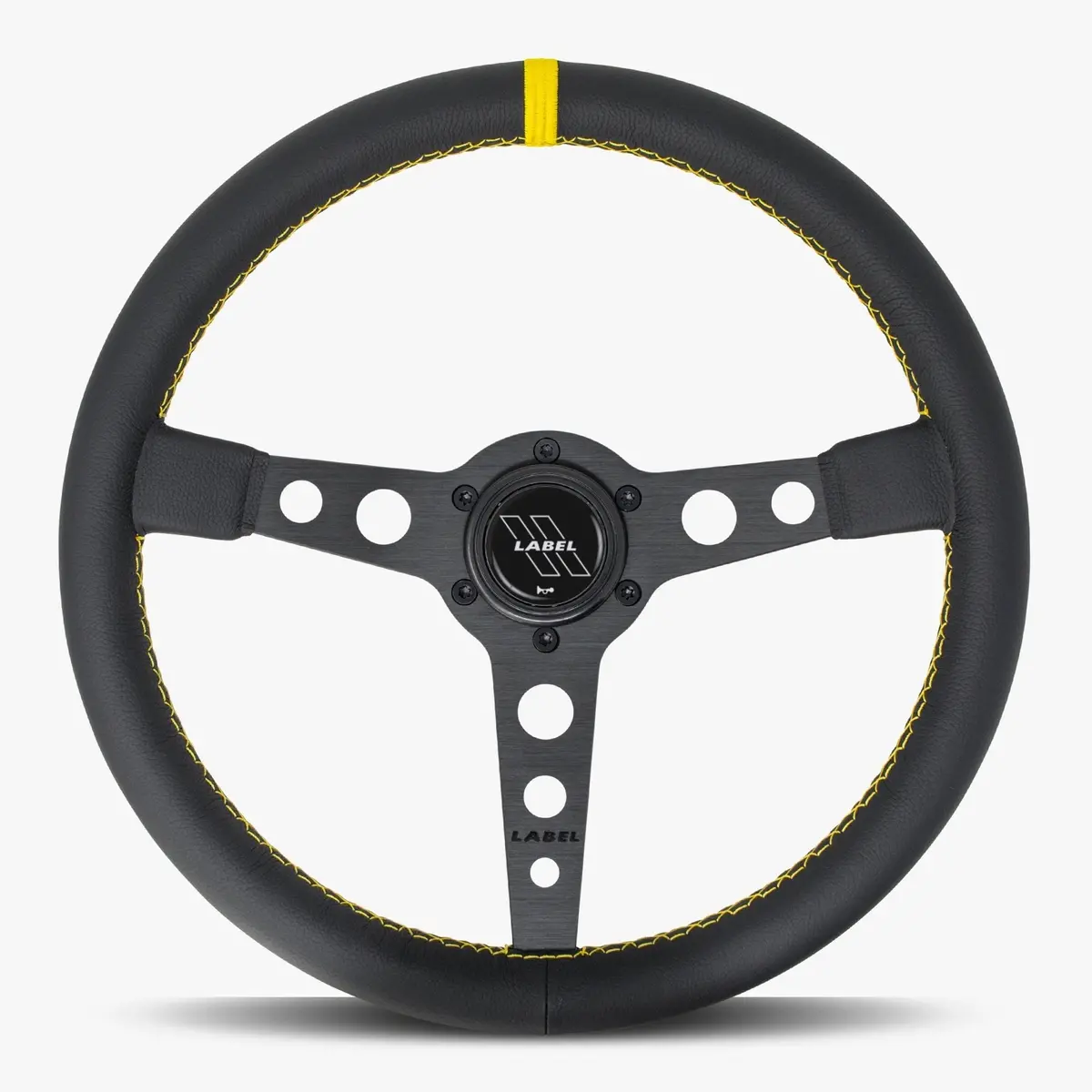 Daytona 350Mm Black Leather Steering Wheel With Black Spoke And Yellow Stitching 1