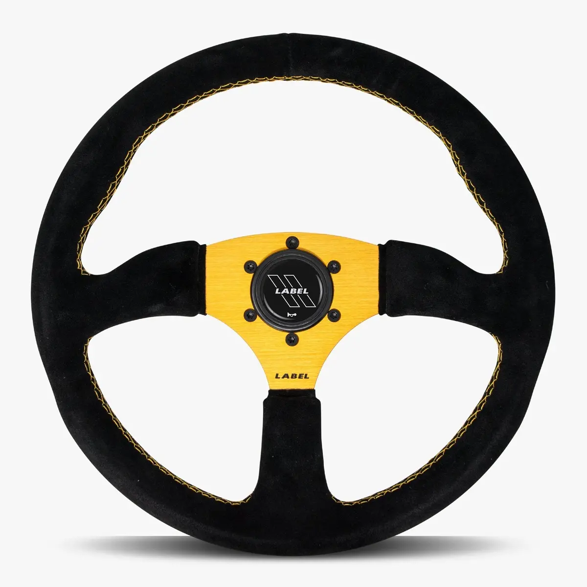 The Performa Black Alcantara Suede Steering Wheel With Gold Spoke And Gold Stitch 1