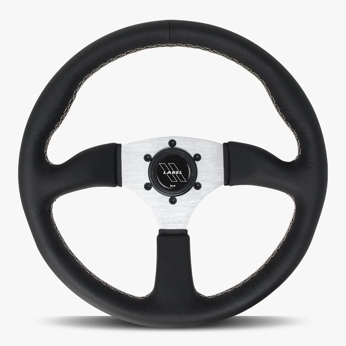 The Performa Black Leather Steering Wheel With Silver Spoke And White Stitch 1