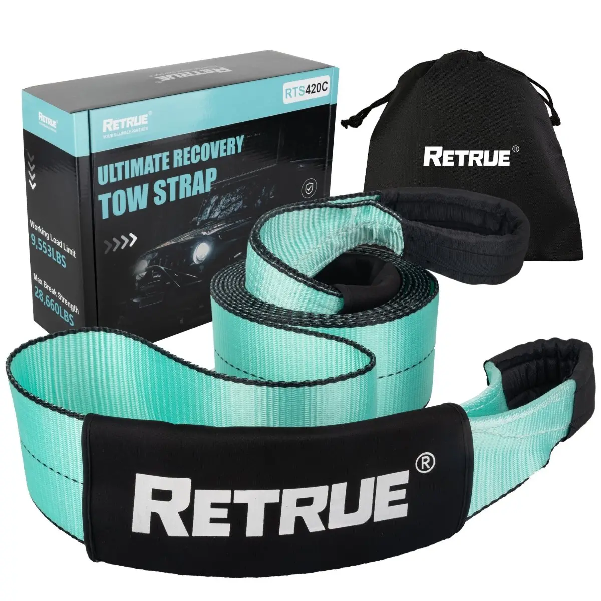 Retrue Heavy-Duty Recovery Tow Strap (4" × 20 ft) – 26,880 lb Break Strength, Reinforced Loop for Off-Road & Emergency Use