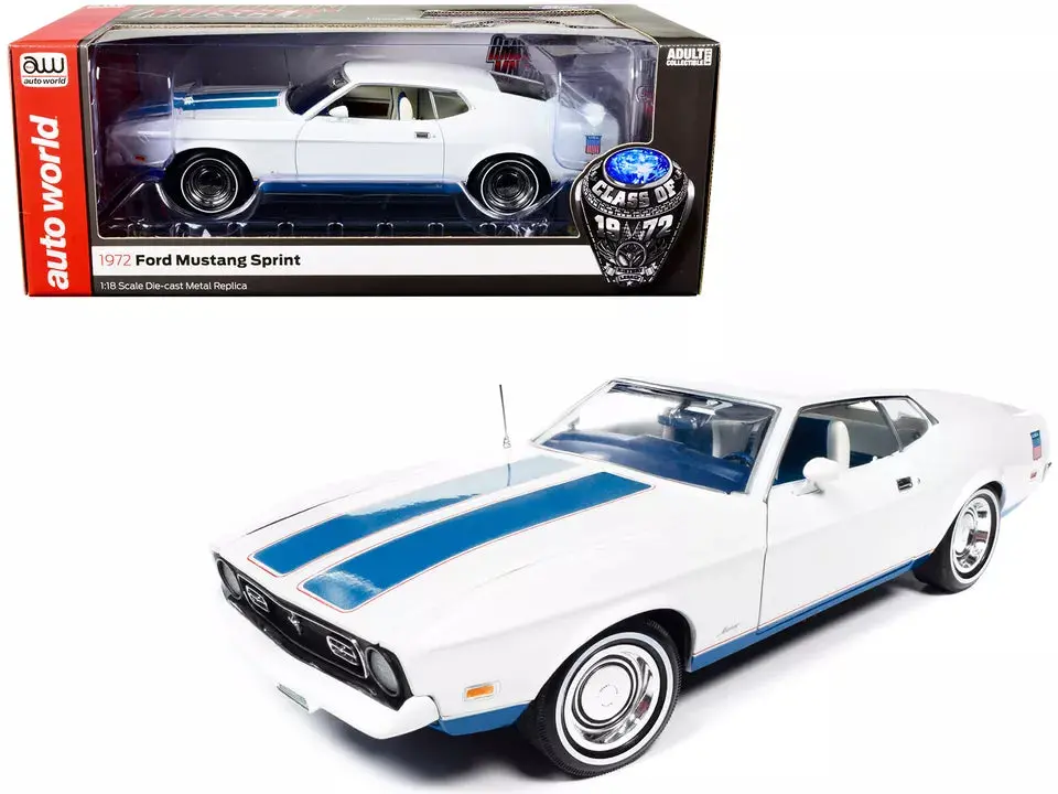 1972 Ford Mustang Sprint Diecast 1/18 White Blue Stripes Auto World American 1