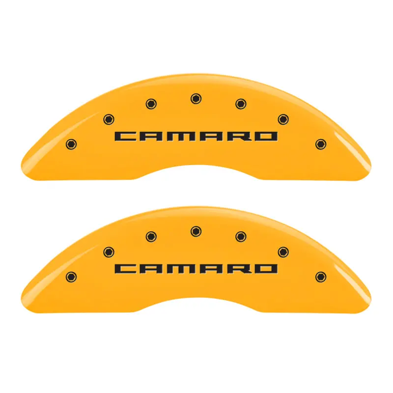 Mgp 4-Piston Caliper Covers – Engraved Front & Rear Set For Chevrolet Camaro Gen 5, Yellow Finish With Black Chrome Accents 1