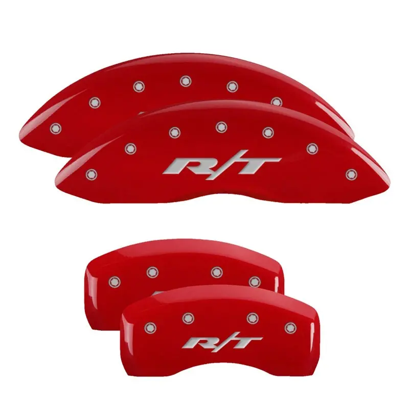 Mgp Engraved 4-Piston Caliper Covers – Front & Rear, Rt Red Finish With Silver Accent 1